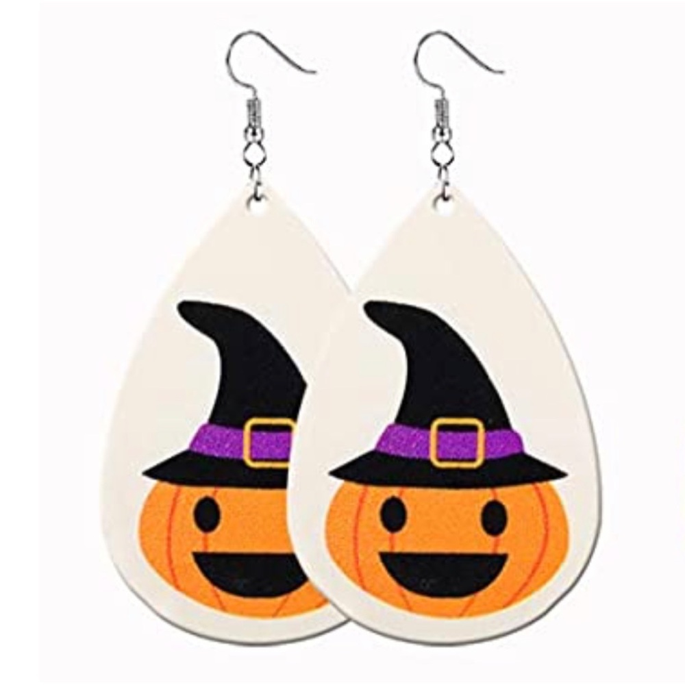 HALLOWEEN FRIENDLY PUMPKIN FAUX LEATHER TEAR DROP EARRINGS